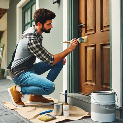 Man applying paint to a door, showcasing Professional Door Painting Services Dubai with expert craftsmanship and attention to detail.